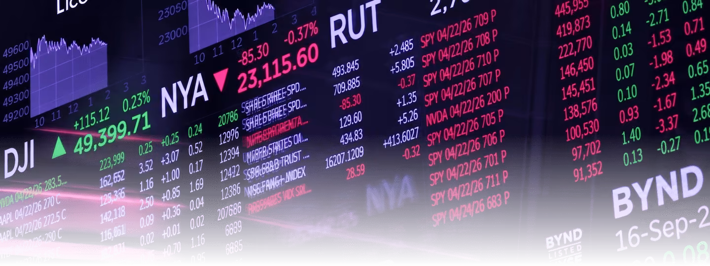 Digital stock market ticker board displaying indices, tickers and price data
