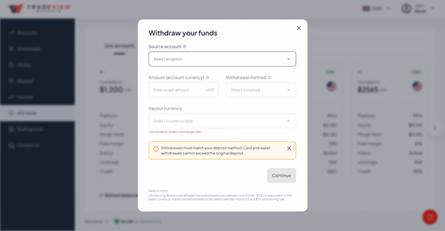 Provide the source account, currency type, amount and withdrawal method